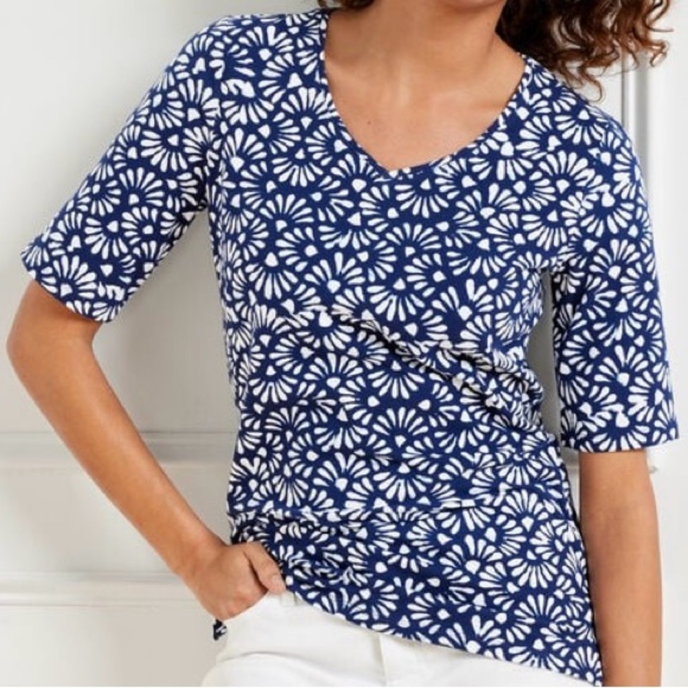 Talbots Navy and White Floral Elbow Sleeve Tee Size Women’s Plus X